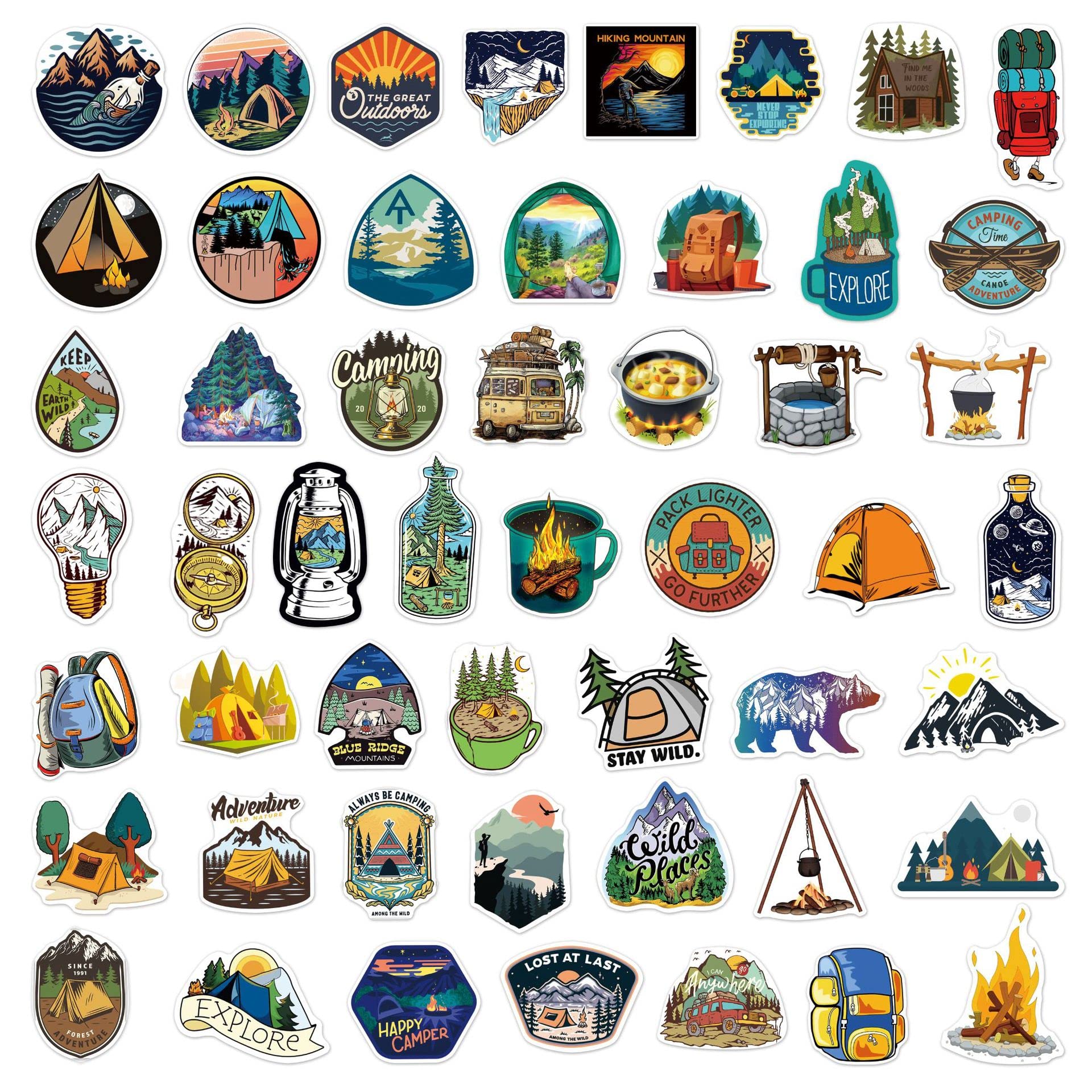 Outdoor Stickers Pack   100PCS   Adventure Hiking Canmping Wilderness Stickers for Water Bottles, Cars, Laptop, Bike, Waterproof Travel Cool Stickers, Nature Forest Decals for Adults Teens Camper