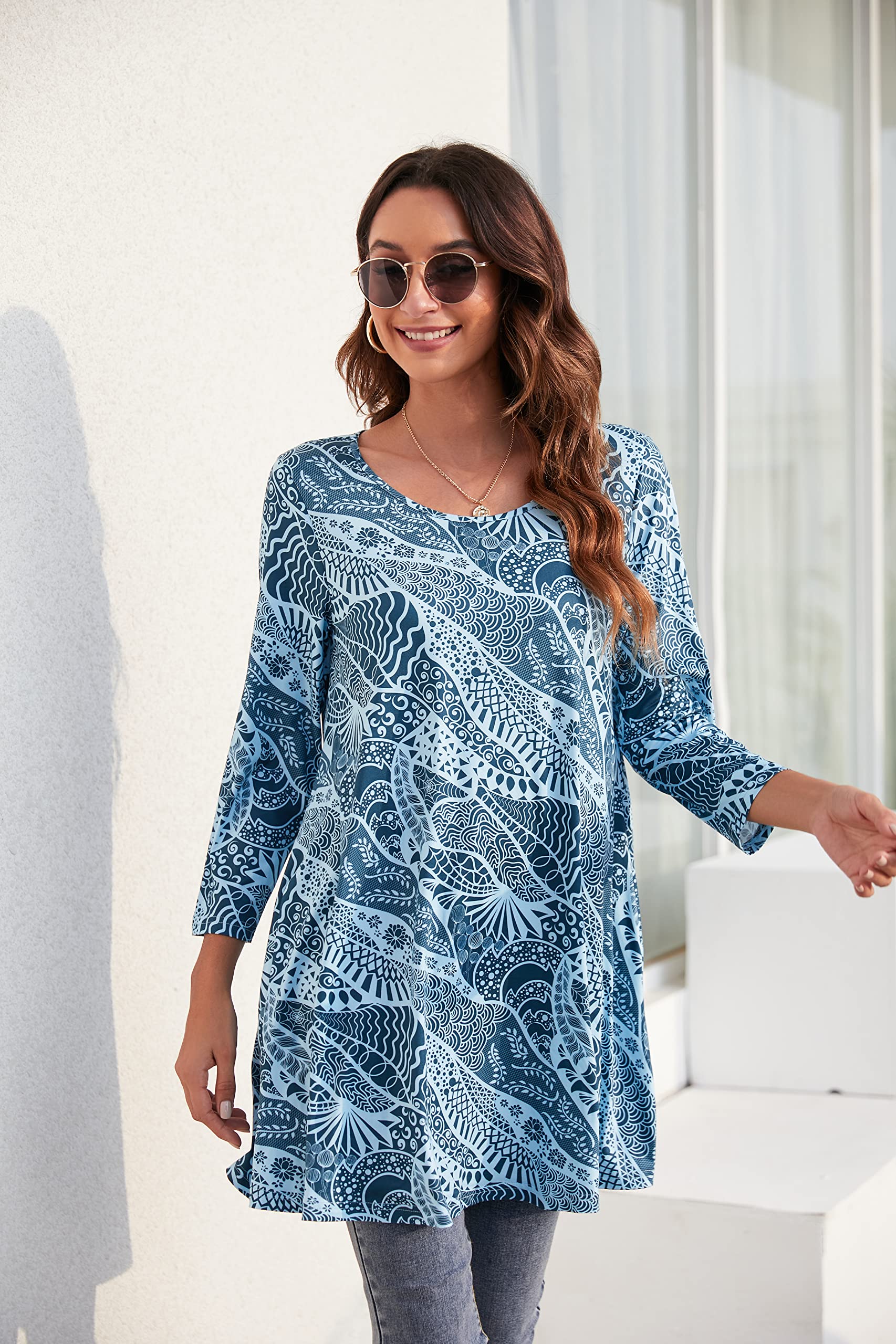 Enmain Womens Blue Floral Long Sleeve Tunic Top Loose Blouse T Shirt Ladies Swing Dress Top Elegant Stretch Round Neck Longline Blouse S