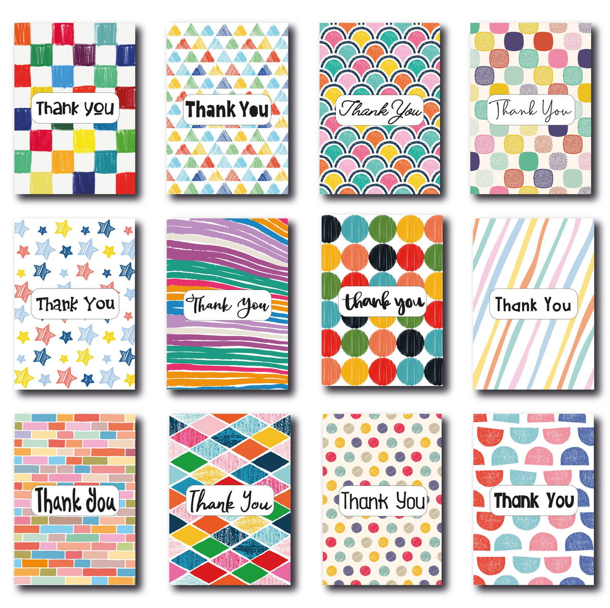 Pack of 72 Colourful Shape Thank You Cards. With Envelopes. 12 Designs. Ideal for Schools & Teachers