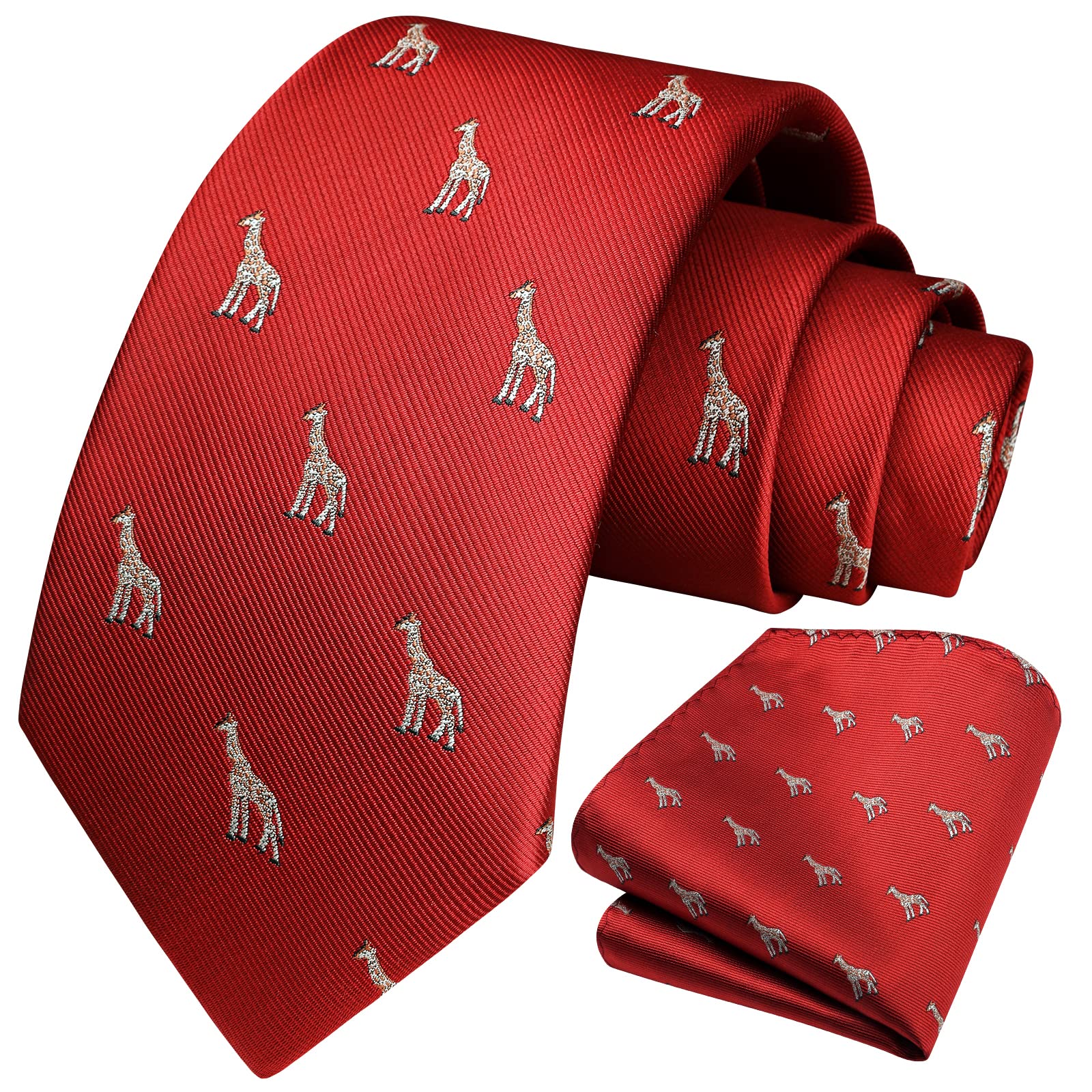 HISDERN Red Tie for Men Giraffe Pattern Ties Handkerchief Novelty Animal Print Wedding Necktie & Pocket Square Set