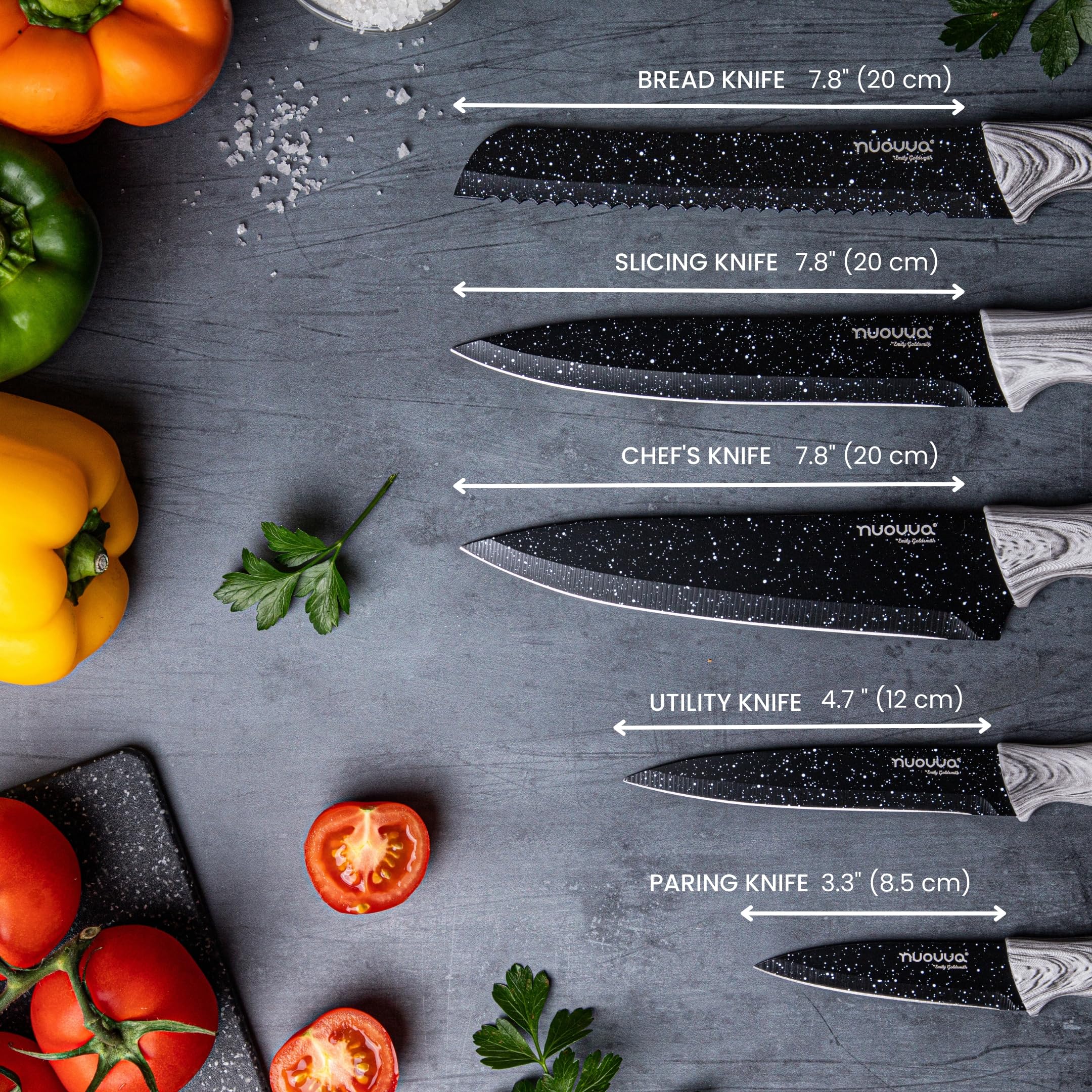 nuovva Professional Kitchen Knife Set – 5pcs Black Granite Kitchen Knives – Stainless Steel Granite Non Stick Blades – Chefs, Filleting, Bread, Paring and Utility Knives