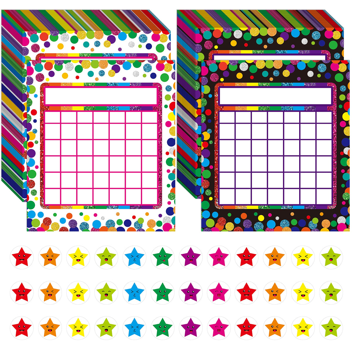 66 Pack Classroom Incentive Chart, 2 Confetti Designs with 2024 Star Stickers for Classroom Student Teacher Family Using Positive Behavior Chore Rewards (Confetti Theme)