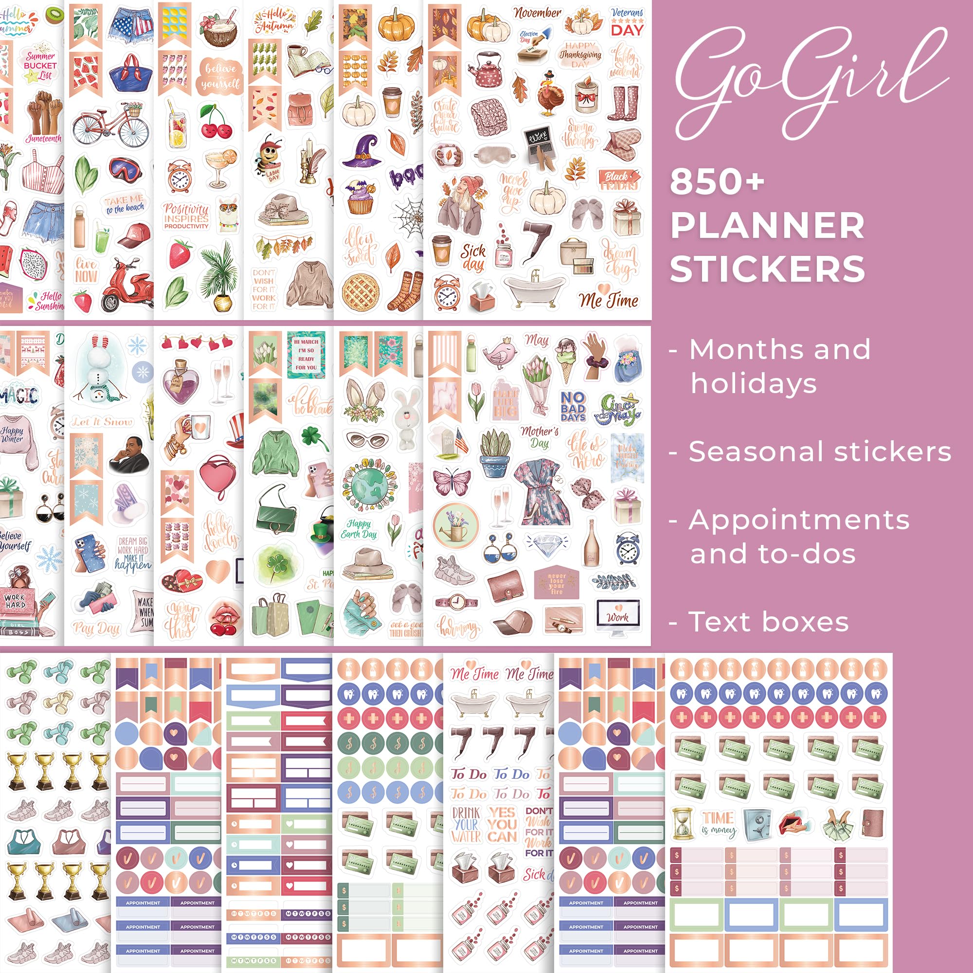 GoGirl Value Sticker Pack – 850and Small Aesthetic Stickers for Planner, Journal & Calendar – Holidays, Seasonal Stickers, Inspirational Quotes, to-dos, Appointments, Budgeting & Text Boxes – 19 Sheets