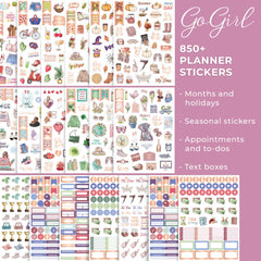 GoGirl Value Sticker Pack – 850and Small Aesthetic Stickers for Planner, Journal & Calendar – Holidays, Seasonal Stickers, Inspirational Quotes, to-dos, Appointments, Budgeting & Text Boxes – 19 Sheets