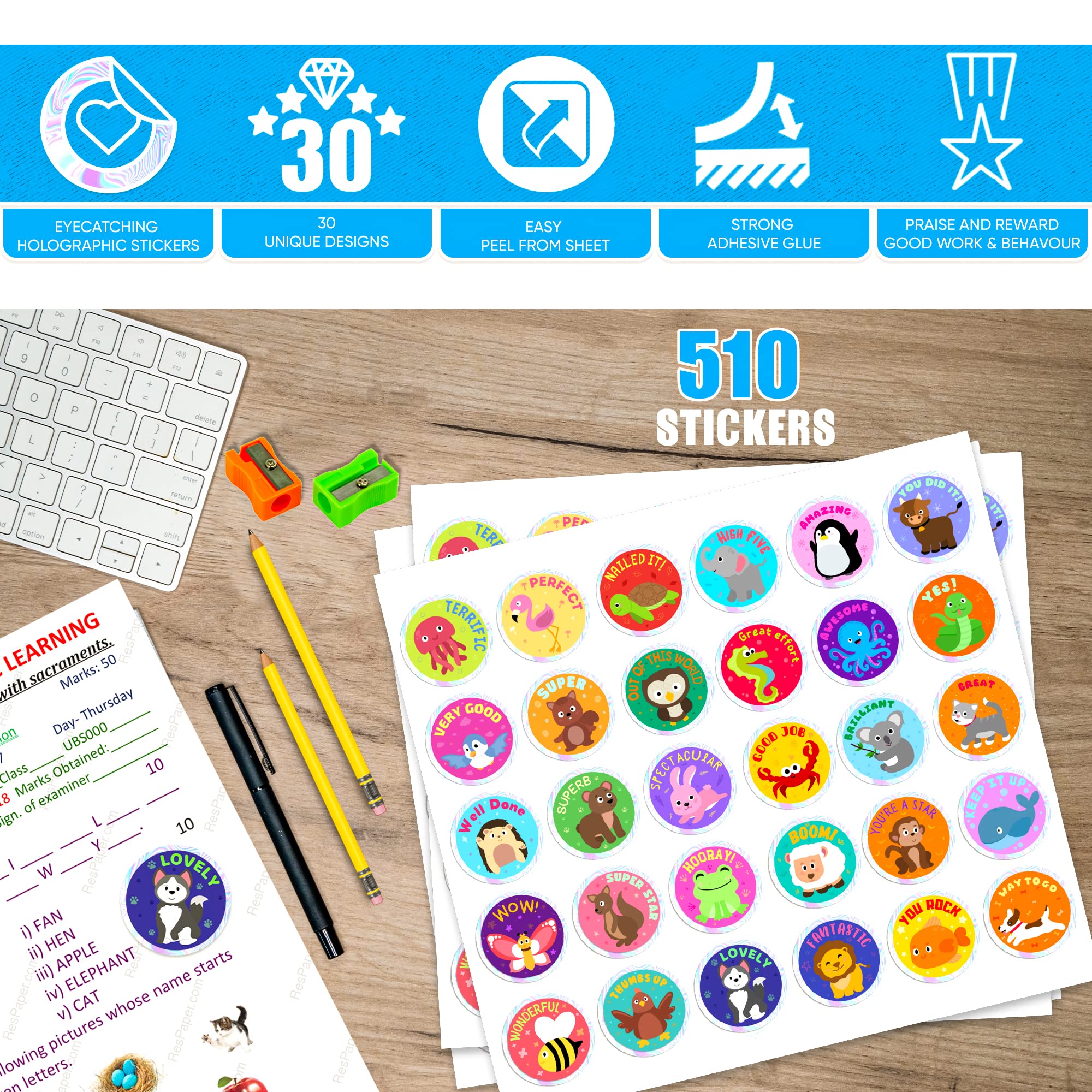 510 Reward Stickers For Children Well Done Teacher Stickers with Shiny Silver Sparkly Sparkling Holographic Edge Praise Good Work and Behaviour (Animal)