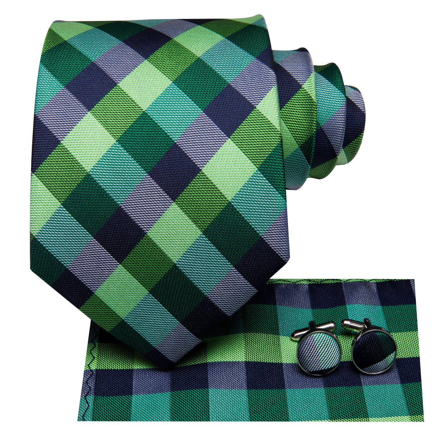 Hi-Tie Black Green Silk Plaid Necktie for Men with Pocket Square & Cufflinks Tie Set for Weddings Business