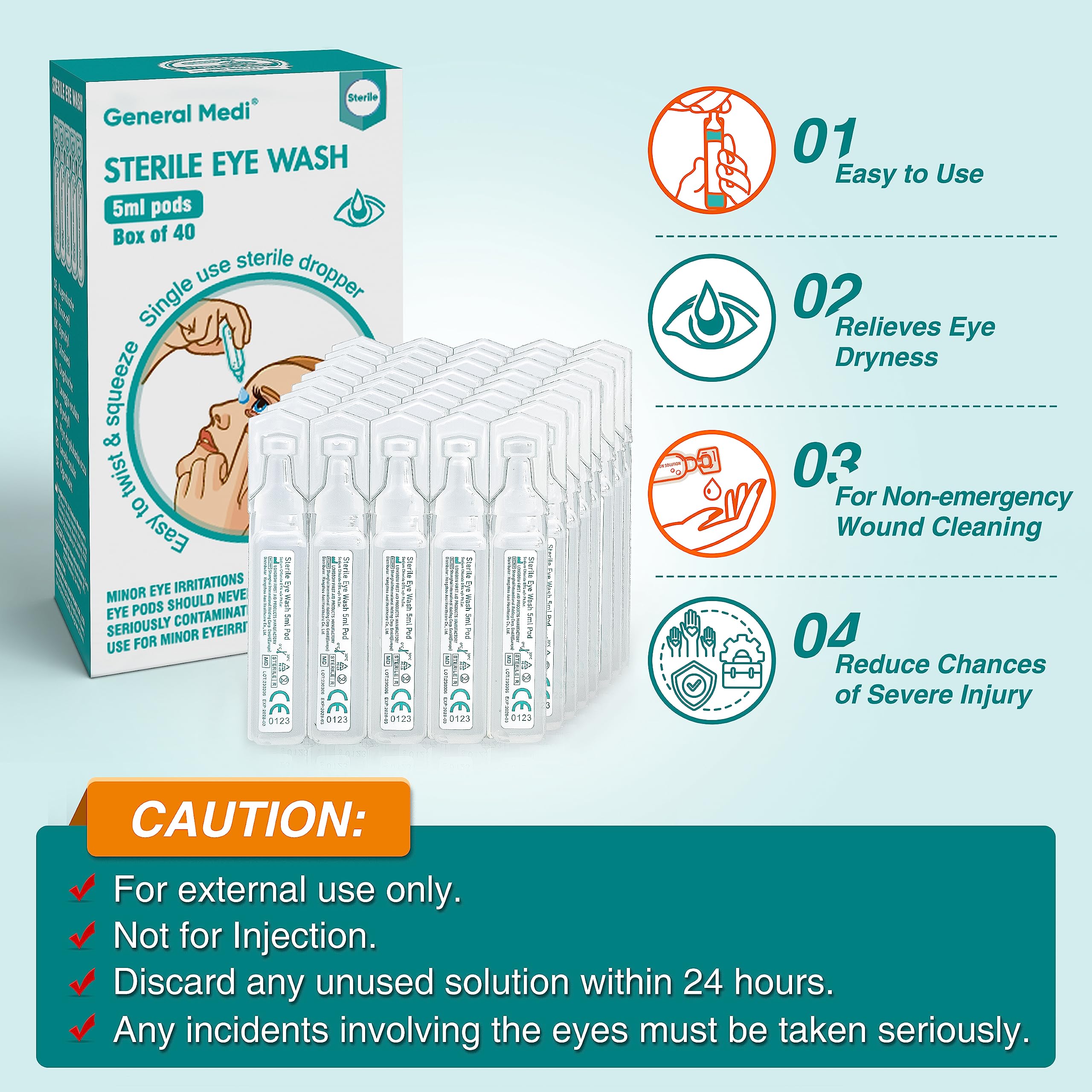 General Medi Eye Wash - Sterile Saline Solution 5ml/0.9% (Pack of 40)