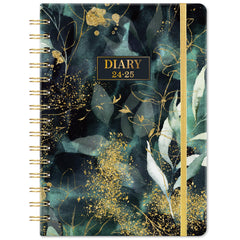 Academic Diary 2024-2025 - Diary 2024-2025 A5 Week to View from August 2024 to July 2025, Twin-Wire Binding, Hard Cover, Elastic Closure, 21.5 x 15.5 x 1.5 cm, Golden leaf