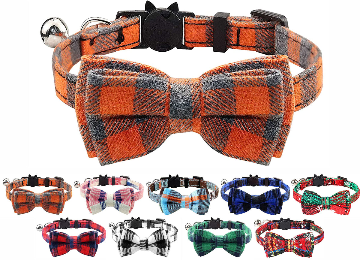 Cat Collar with Bell and Bow Tie, Quick Release Safety Buckle Collars for Kitten and Cats, Soft Tartan Design (Orange)