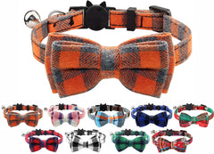 Cat Collar with Bell and Bow Tie, Quick Release Safety Buckle Collars for Kitten and Cats, Soft Tartan Design (Orange)