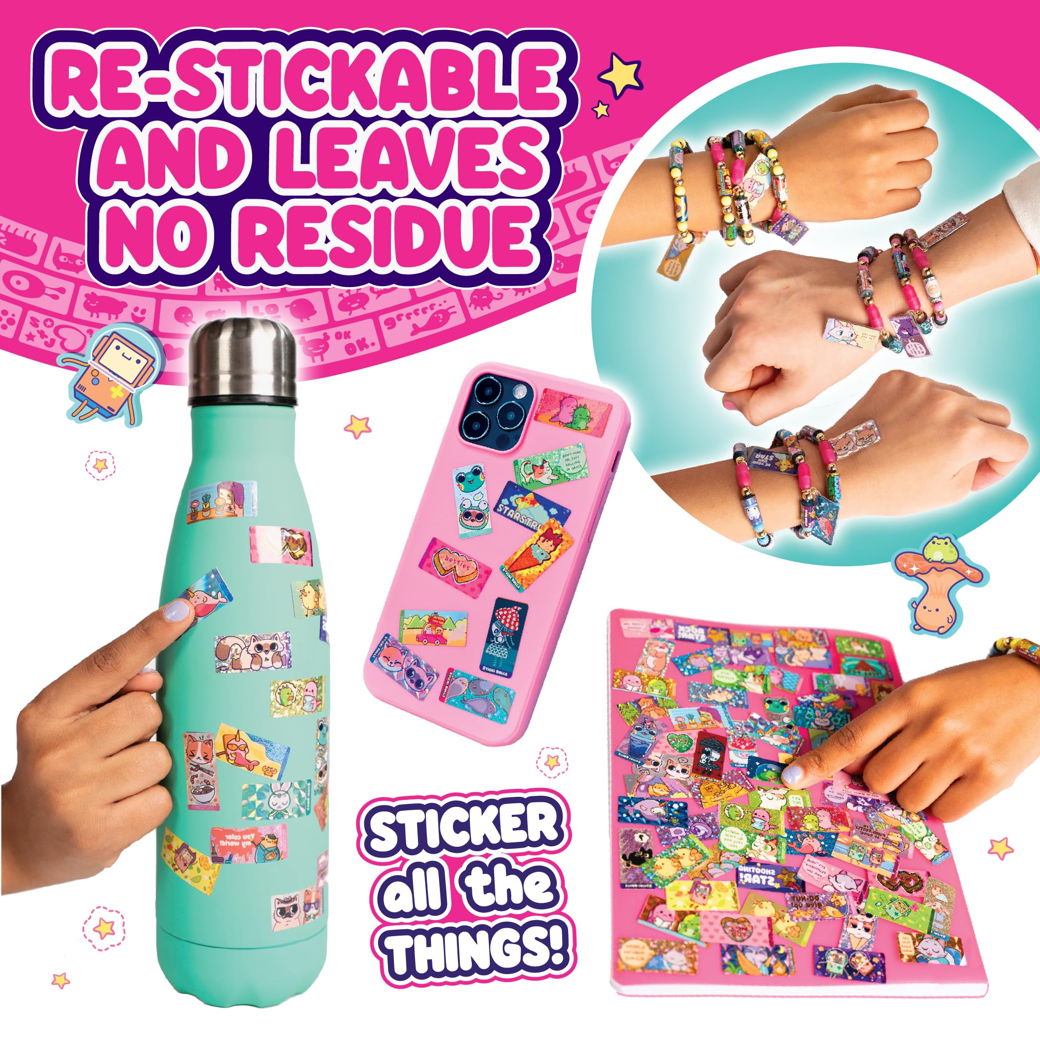 Sticki Rolls Sticki Bands, Wearable & Shareable Sticker Bracelet, 70 Mini Stickers, Assorted colours and styles