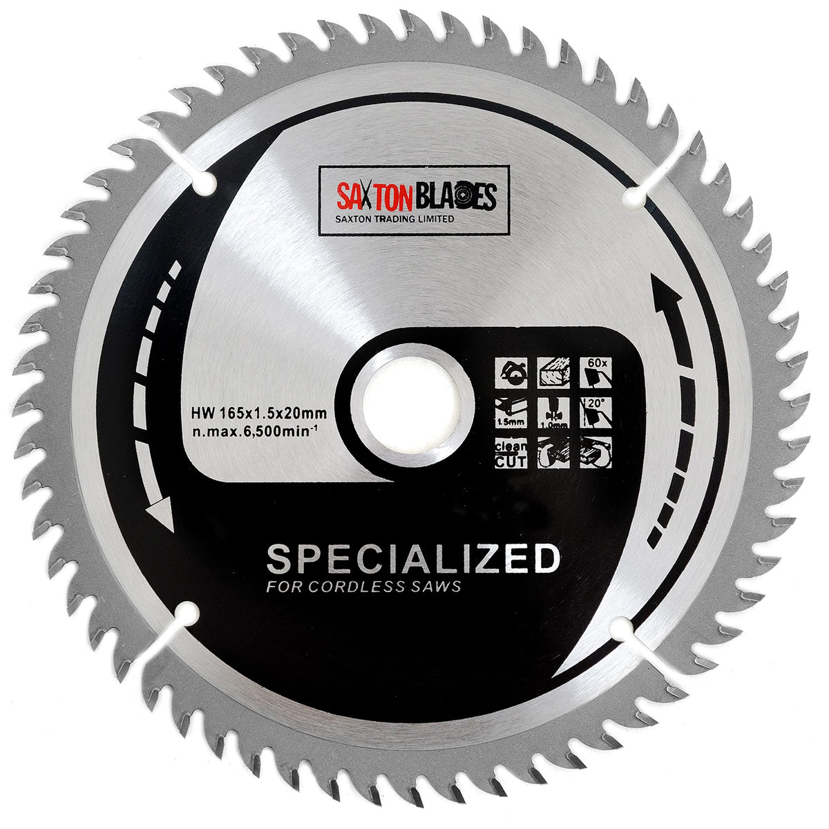 Saxton TCT16560T 165mm x 60t TCT Thin Kerf Cordless Circular Saw Blade Compatible with Dewalt Makita