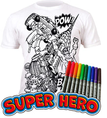 Splat Planet Colour-in Superhero Super Hero T-Shirt with 10 Non-Toxic Washable Magic Pens - Colour-in and Wash Out T-Shirt (Age 5-6) White