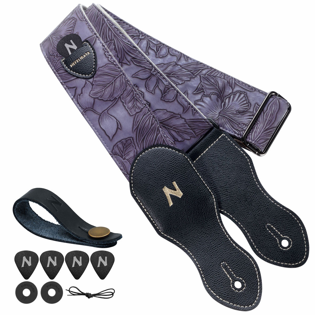 Nefelibata Guitar Strap with Pick Pocket,2.3 inch Porter Style Leather Carving Guitar Straps, Leather Ends,60s Western Vintage,Guitar Pick,Strap Button and Strap Lock(Purple)