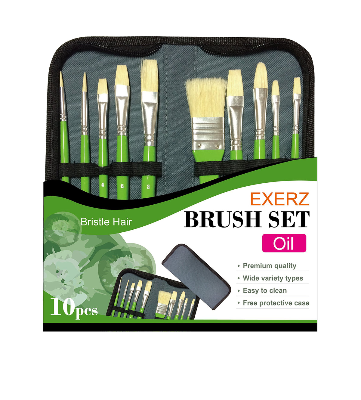 Exerz Artist Paint Brush Set – 10 pcs Professional Bristle Brushes in a Protective Travel Case/Perfect for Oil Colour Acrylic Gouache - Oil