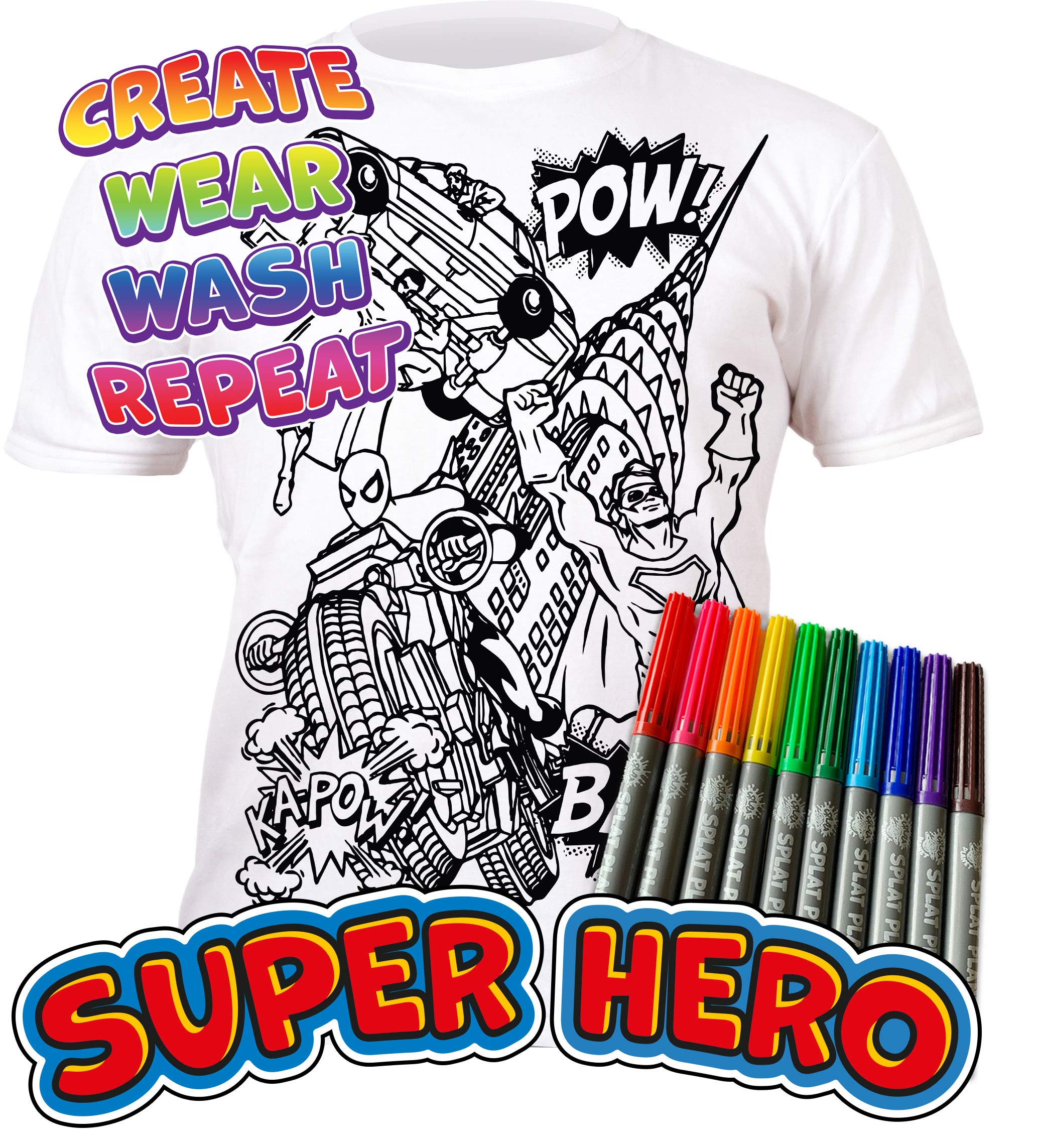 Splat Planet Colour-in Superhero Super Hero T-Shirt with 10 Non-Toxic Washable Magic Pens - Colour-in and Wash Out T-Shirt (Age 5-6) White