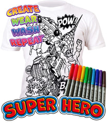 Splat Planet Colour-in Superhero Super Hero T-Shirt with 10 Non-Toxic Washable Magic Pens - Colour-in and Wash Out T-Shirt (Age 5-6) White