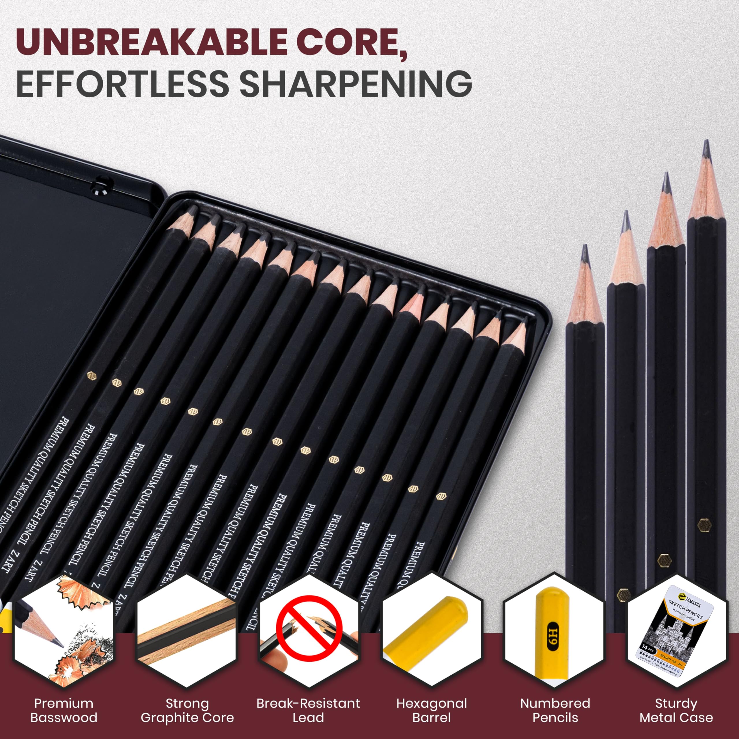 Drawing Pencils Set of 14   12B – 6H Versatile Sketching Pencils with Metal Case   Strong Graphite Lead for Sketching, Shading & Illustrating   Ideal Art Pencils for Beginners, Artists & Students