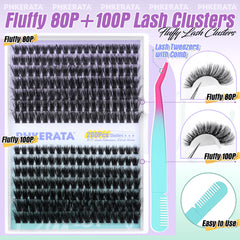 PHKERATA Individual Eyelashes Russian Cluster Lashes Fluffy D Curl Lashes Individual Cluster Wispy Lash Clusters 80Dand100D Eyelash Clusters with Tweezers Eyelash Extensions,10-18mm