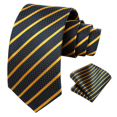 HISDERN Men's Tie and Pocket Square Set Striped Navy Blue & Yellow Ties Formal Classic Elegant Necktie & Handkerchief for Business Wedding Party