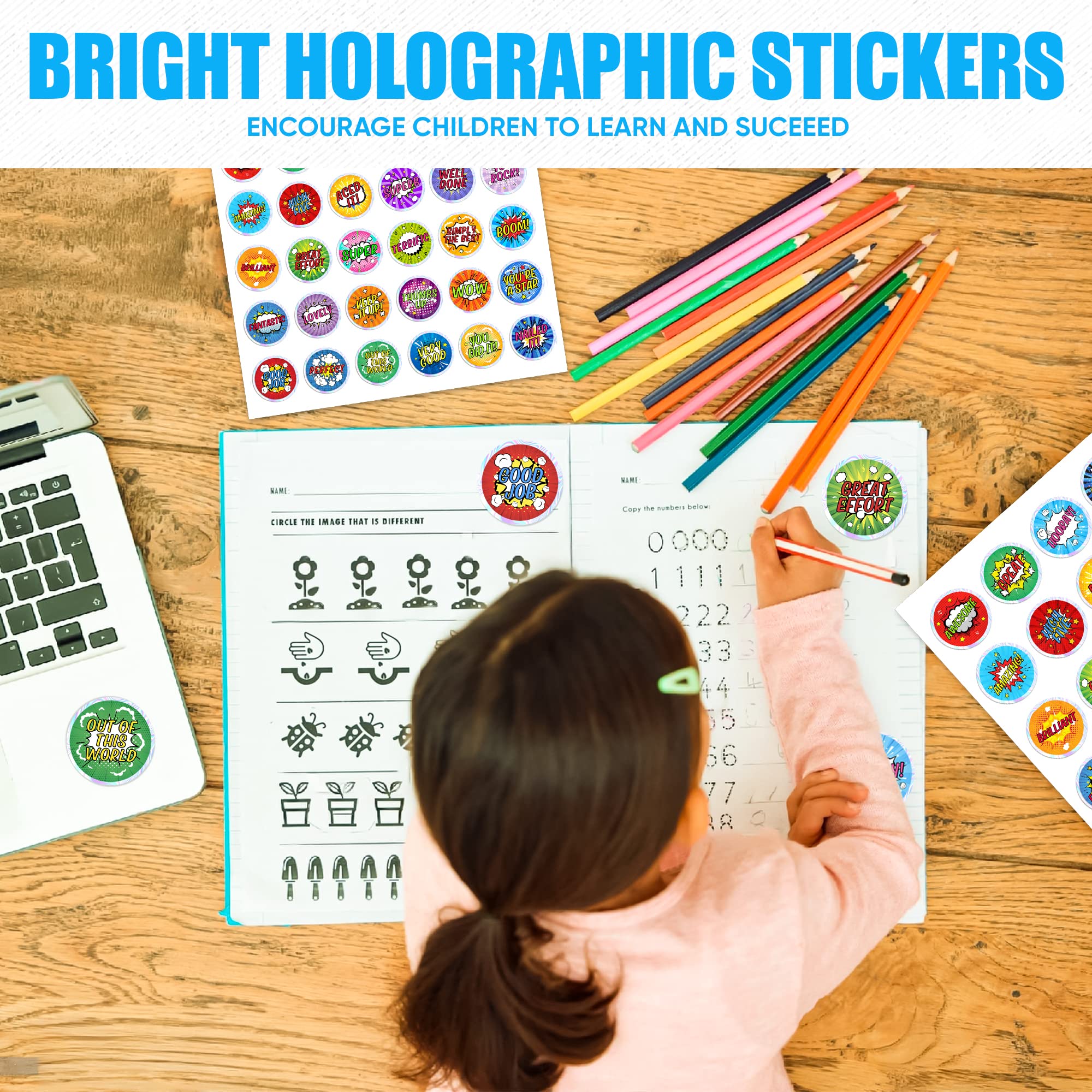 510 Reward Stickers For Children Well Done Teacher Stickers with Shiny Silver Sparkly Sparkling Holographic Edge Praise Good Work and Behaviour (Comic)