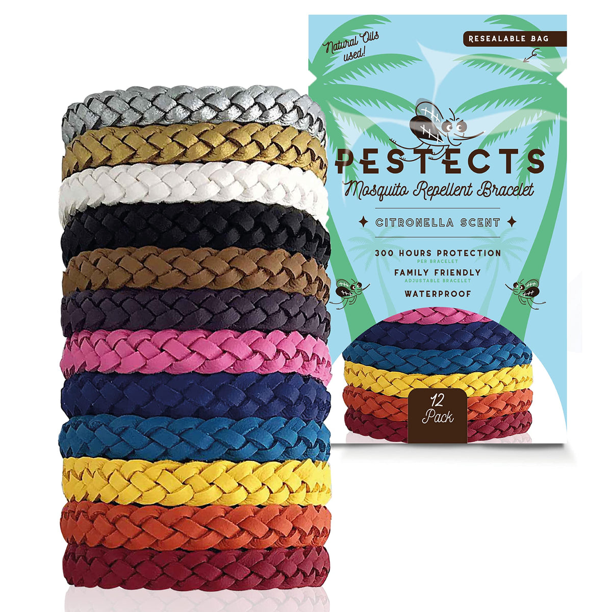 Pestects Mosquito Repellent Bracelet 12 Pack, Adjustable Leather Deet-Free Natural Insect Mosquito Bands for Adults & Kids, 300 Hour Insect Repellent Protection