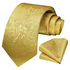 HISDERN Mens Paisley Gold Tie for Wedding Tie Handkerchief Men's Necktie & Pocket Square Set