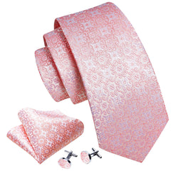 Barry.Wang Solid Pink Tie Set Men Ties Floral Necktie Handkerchief Cufflinks Wedding Party Business