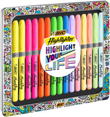 BIC Highlighter Collection Box, Assorted Intense and Pastel Colours, in Convenient Metal Gift Box, Pack of 15