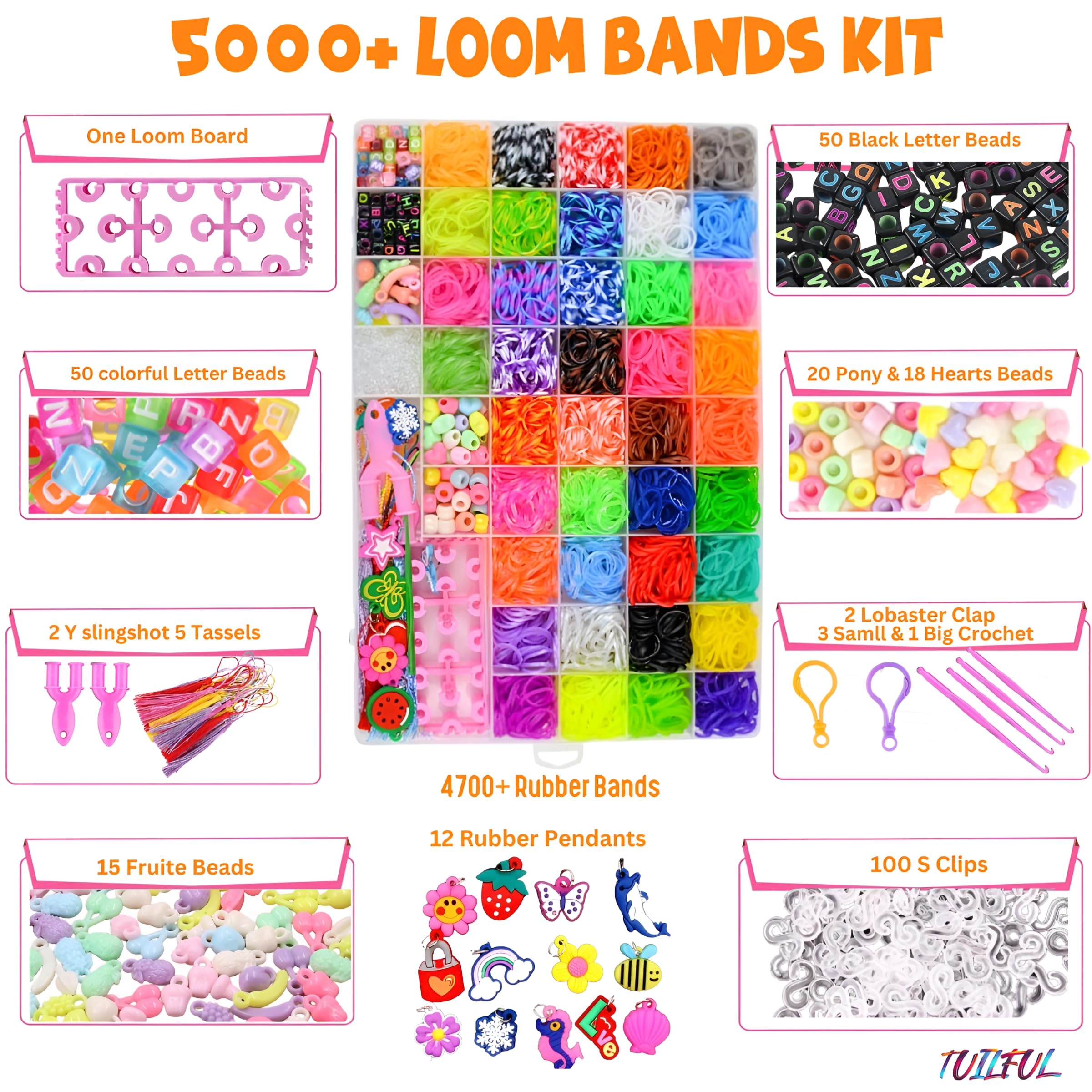 Tuilful Loom Bands Kit 5000and in 40 Vibrant Colours Loom Bands Friendship Bracelet Kit for Boys and Girls Includes Loom Bands Alphabet Beads S Hooks with Storage Box DIY Craft Gift (5000)