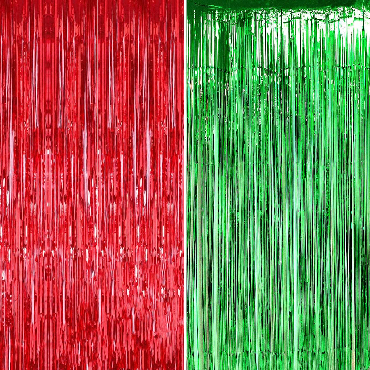 2pcs 3.2ft x 6.5ft Foil Curtain Decorations,Red and Green Tinsel Foil Fringe Curtains Streamers Backdrop for Christmas Party Photo Backdrops Props Christmas Theme Decorations