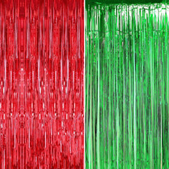 2pcs 3.2ft x 6.5ft Foil Curtain Decorations,Red and Green Tinsel Foil Fringe Curtains Streamers Backdrop for Christmas Party Photo Backdrops Props Christmas Theme Decorations