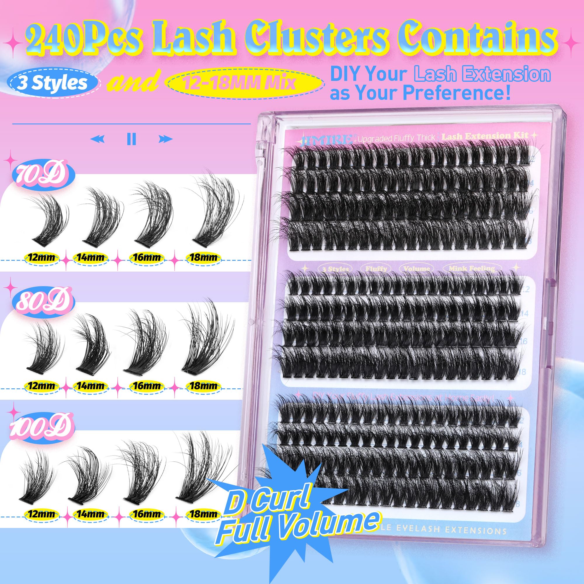 JIMIRE Cluster Lashes Kit 70Dand80Dand100D Fluffy Eyelash Extensions Kit with Bond and Seal Lash Glue and Lash Tweezers Volume 12-18MM Wispy DIY Lashes Extension Kit 240Pcs Individual Eyelashes Kit