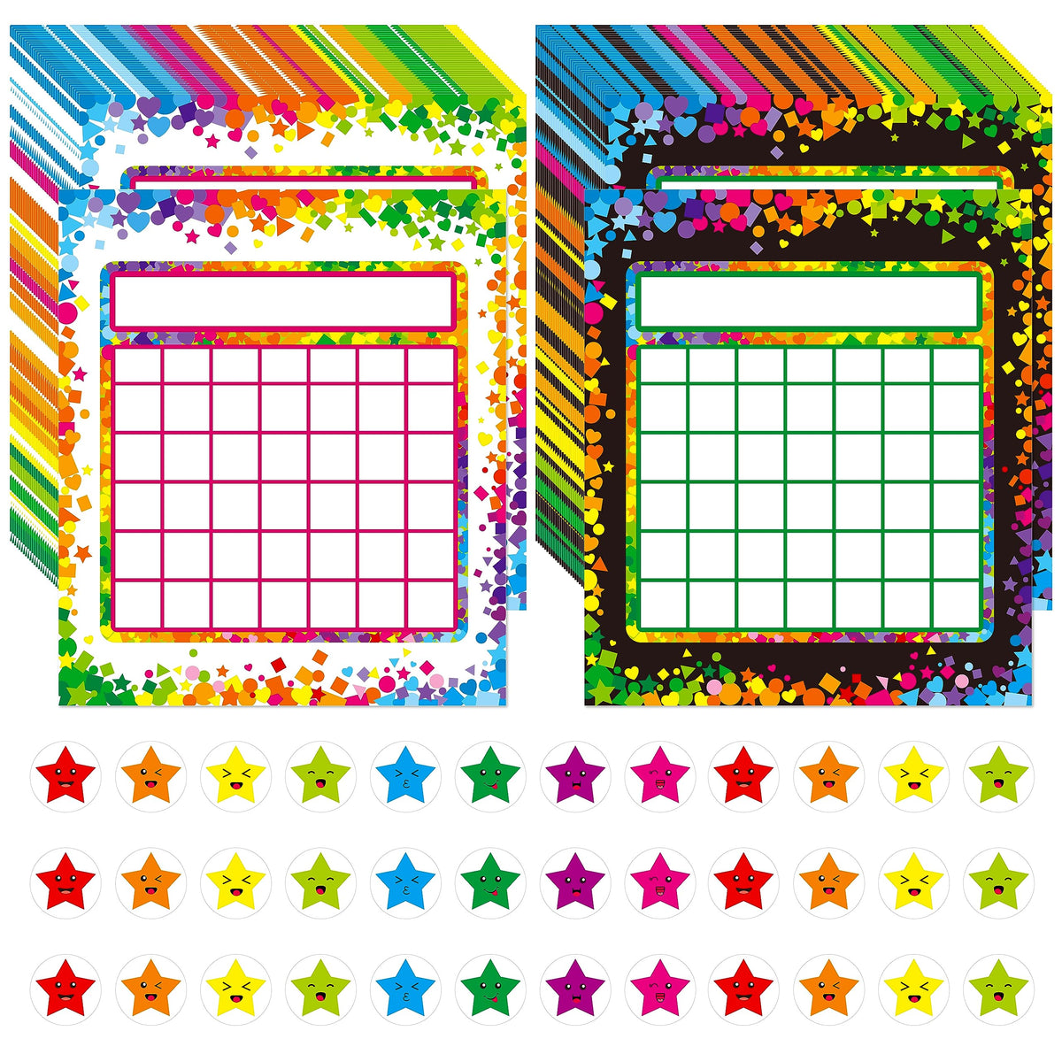 80 PCS Classroom Incentive Chart, 2 Colorful Designs with 2024 Star Stickers for Classroom Student Teacher Family Using Positive Behavior Chore Rewards (Confetti Theme)