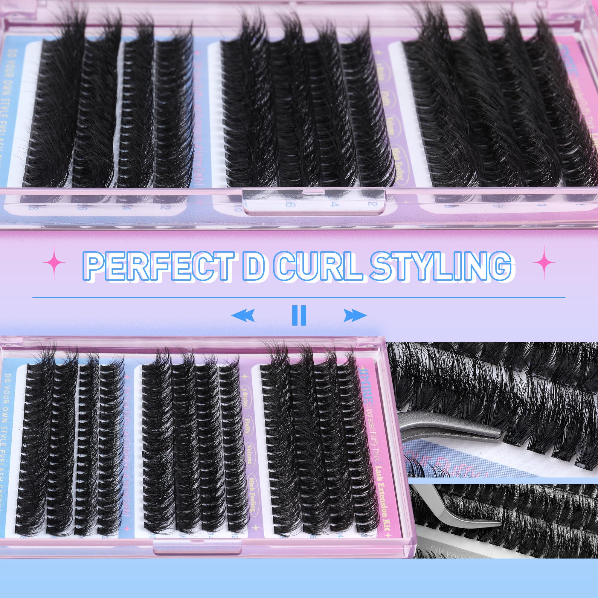 JIMIRE Cluster Lashes Kit 70Dand80Dand100D Fluffy Eyelash Extensions Kit with Bond and Seal Lash Glue and Lash Tweezers Volume 12-18MM Wispy DIY Lashes Extension Kit 240Pcs Individual Eyelashes Kit