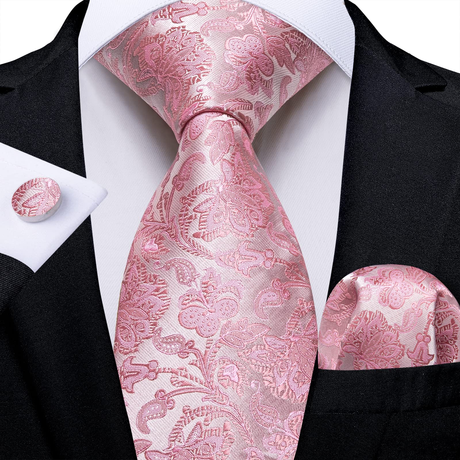 DiBanGu Pink Silk Tie Set for Men Paisley Floral Ties and Pocket Square Cufflinks Tie Clips Wedding Party Necktie