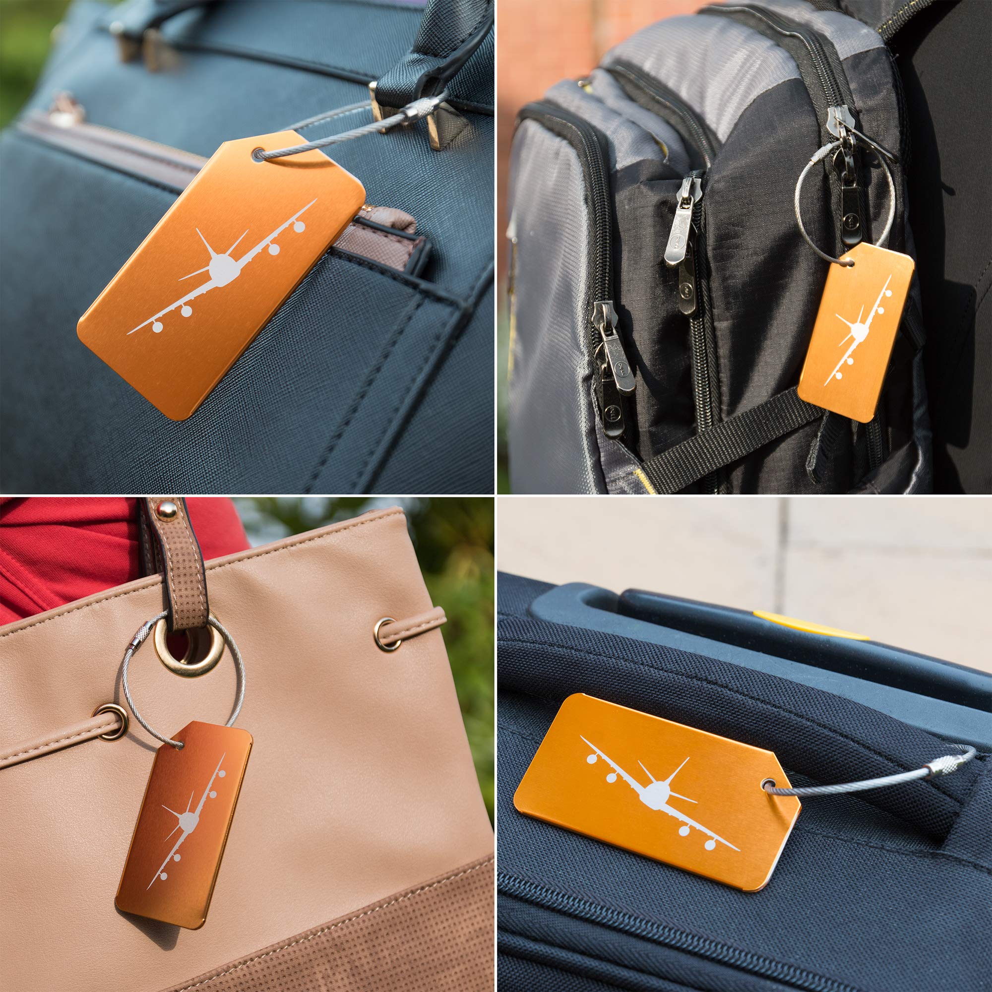 Pack of 5 Gold Strong Aluminium Luggage Tags, Secure, Easy to Spot, Privacy, Variety of Colours, Strong Steel Cable