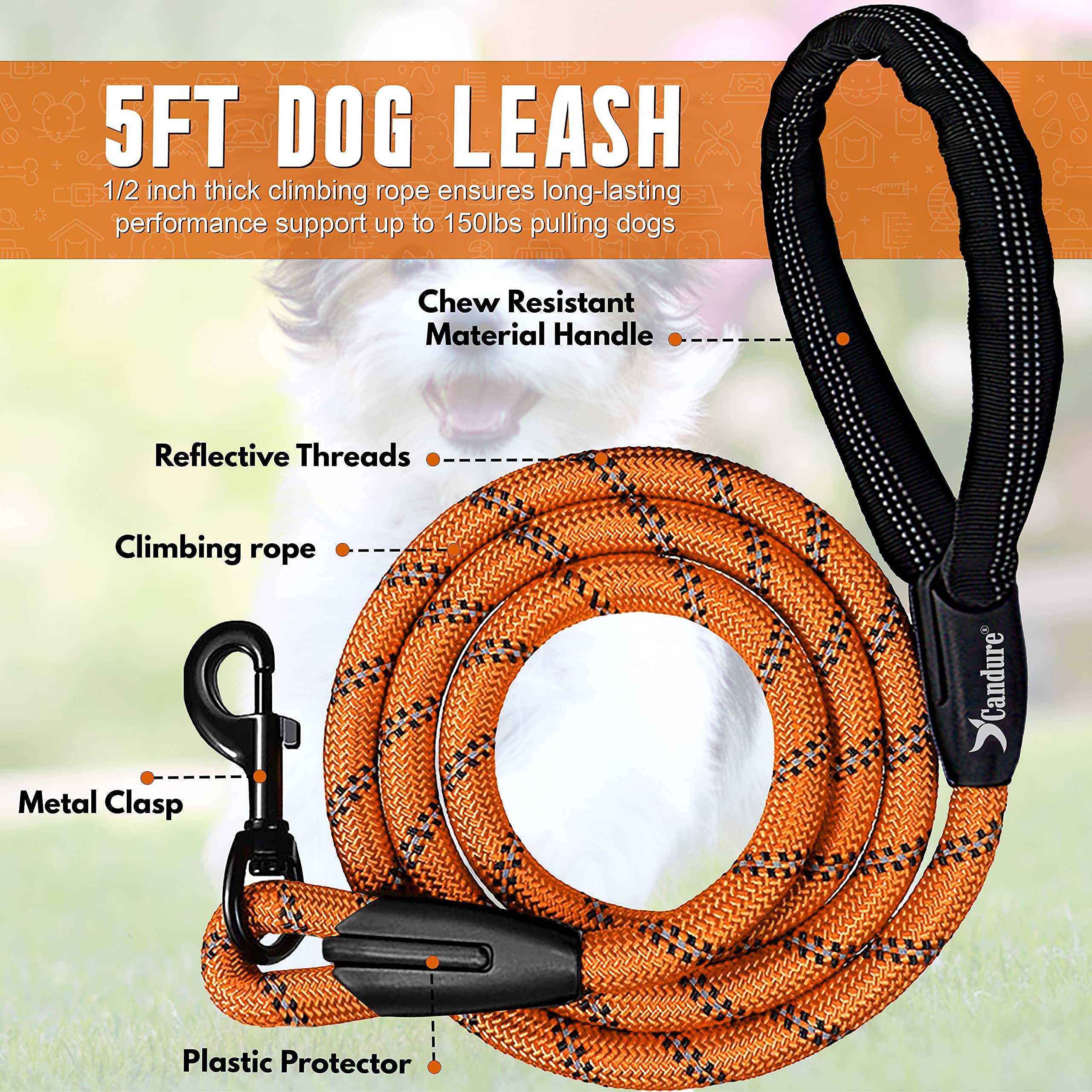 Candure Dog Lead with Soft Padded and Anti Slip Comfortable Rope Handle, 5 FT Strong Dog Leads, Highly Reflective Dog Leash for Puppy, Medium and Large Dogs (Orange)