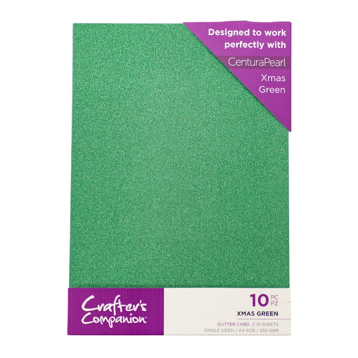 Crafters Companion Coloured Glitter Card Pack Single Sided Xmas Green 250GSM (10 Sheet Pack) - Perfect for Arts and Crafts, Printing, Card Bases & Folding - Centura Pearl by Crafter's Companion