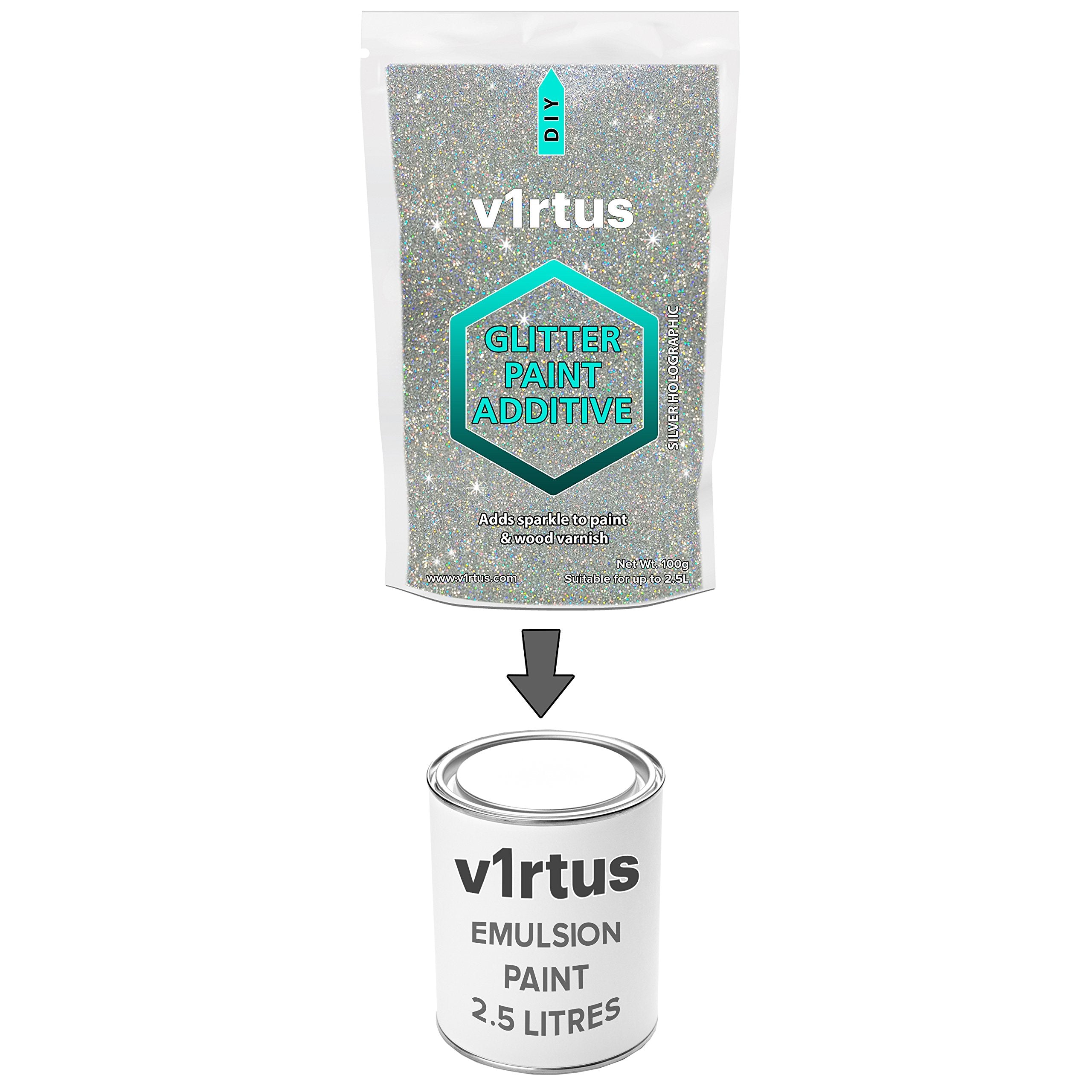 v1rtus Silver HOLOGRAPHIC Glitter Paint Additive [200g] New 2022 Technology, 2 x Finishing Buffing Pads Included Mix with Any Emulsion Paint for Perfect Interior or Exterior Walls, Ceilings, and Wood