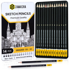 Drawing Pencils Set of 14   12B – 6H Versatile Sketching Pencils with Metal Case   Strong Graphite Lead for Sketching, Shading & Illustrating   Ideal Art Pencils for Beginners, Artists & Students