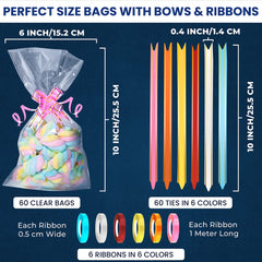 Cellophane Bags Pack of 60 (5 x 7 Inches) Food Safe Cookie Bags with Mix Colors Gorgeous Pull Bows and Ribbons - Flat Bottom Clear Bags for Sweets, Gifts Packaging for Christmas, Halloween, Birthday