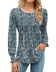 Rapbin Women Long Sleeve Tops Pleated Tunic Shirt Loose T-Shirt O Neck Blouses Floral Pleated Longine Shirts for Ladies Blue Printed L