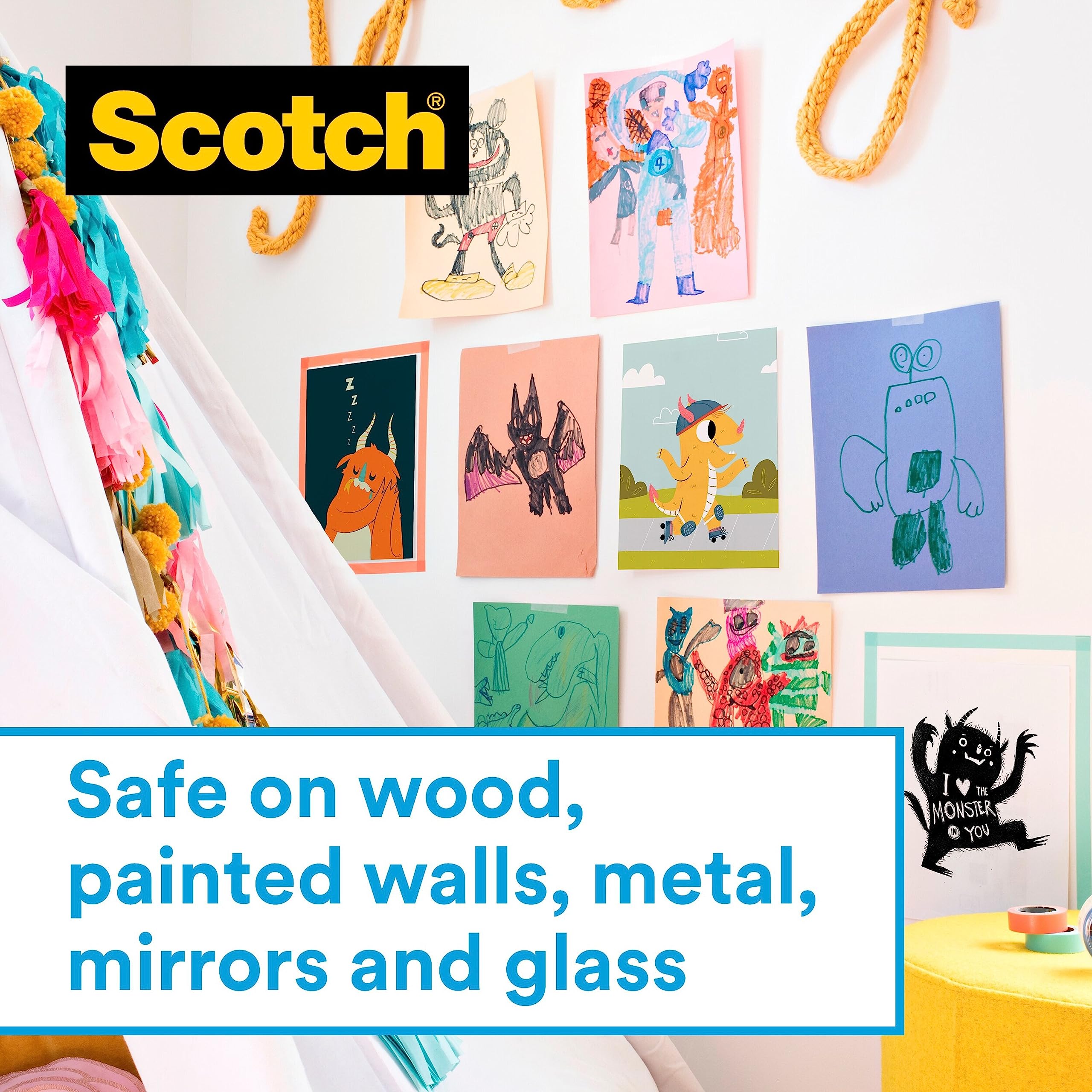 Scotch Wall-Safe Tape, Ideal for hanging reminders, decorations, kids artwork and posters, 16.5 m x 19 mm, Pack of 1,white