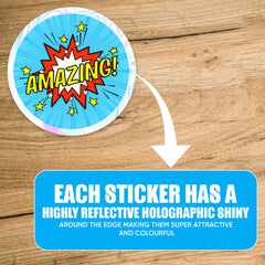 510 Reward Stickers For Children Well Done Teacher Stickers with Shiny Silver Sparkly Sparkling Holographic Edge Praise Good Work and Behaviour (Comic)