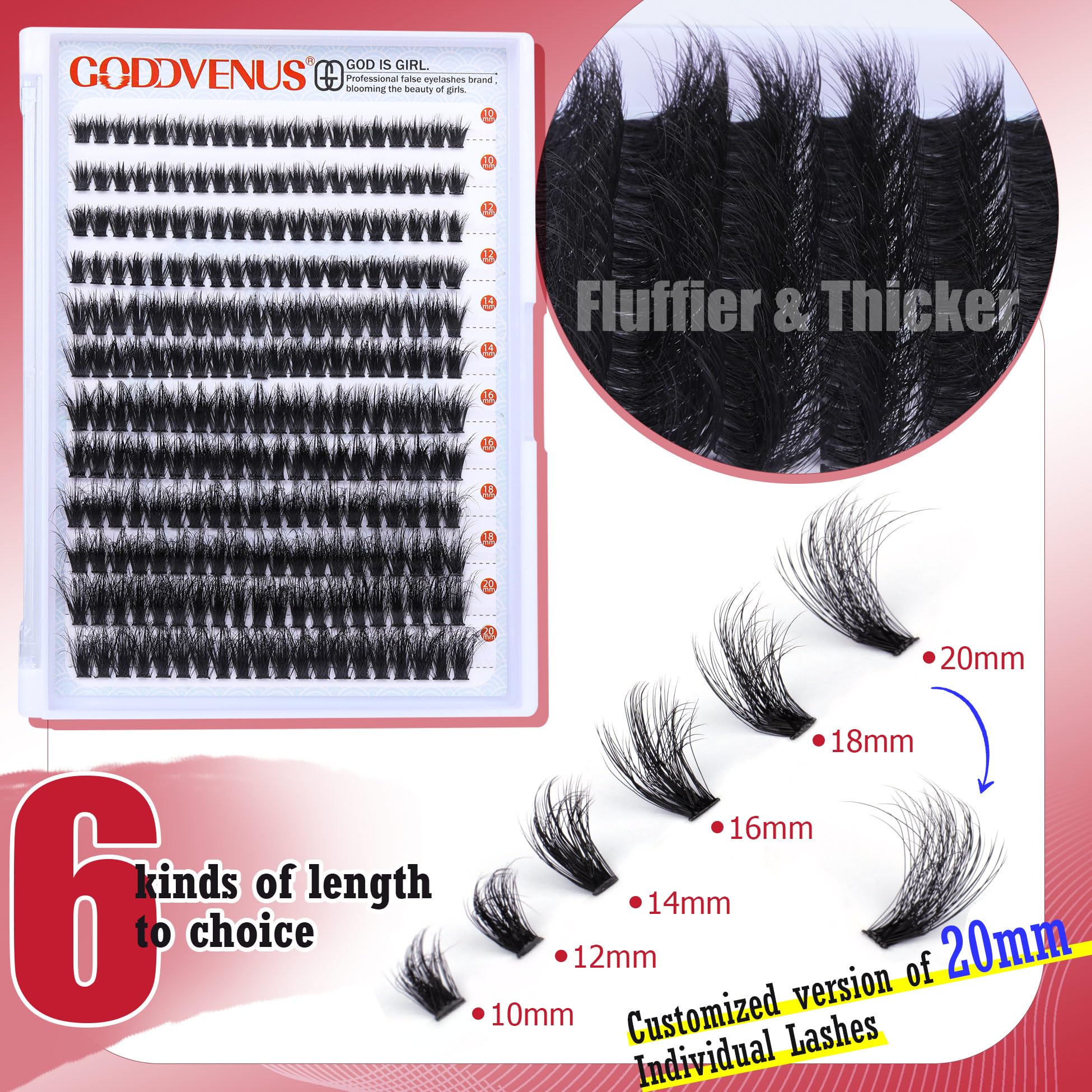 Goddvenus Individual Eyelashes Thick Cluster Lashes Wispy Lash Clusters 10-20mm Fluffy Eyelash Clusters Dramatic Lashes Individual Russian D Curl Eyelashes Extensions 240pcs