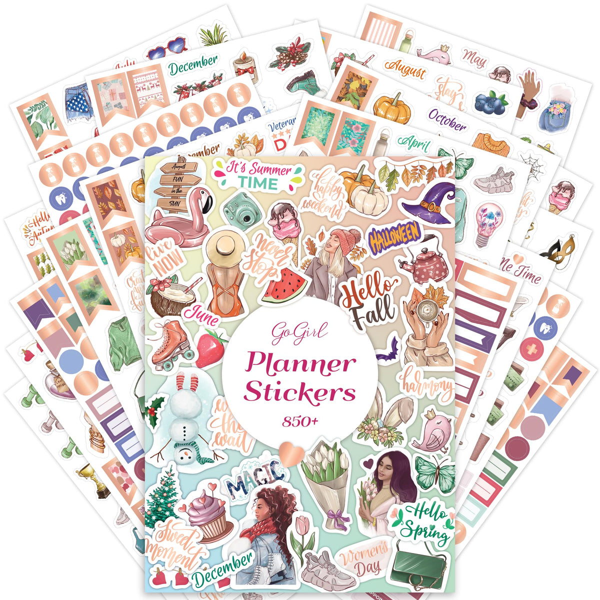 GoGirl Value Sticker Pack – 850and Small Aesthetic Stickers for Planner, Journal & Calendar – Holidays, Seasonal Stickers, Inspirational Quotes, to-dos, Appointments, Budgeting & Text Boxes – 19 Sheets