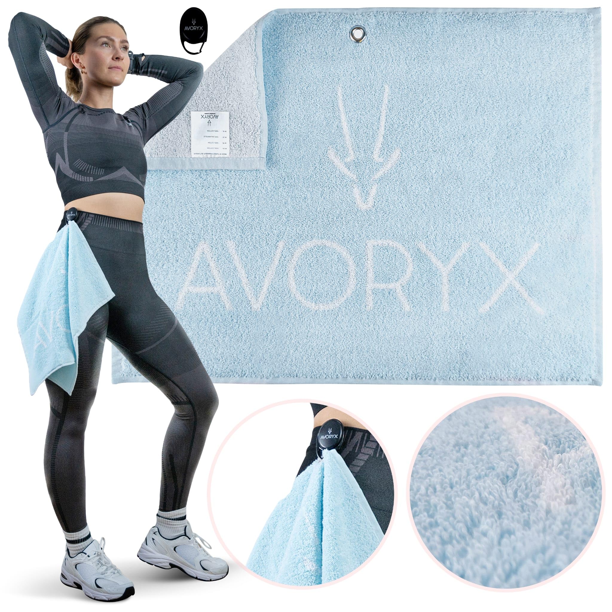 Avoryx Antibacterial Gym Towel – Odourless - 100% cotton, Fast-drying – Clip-and-go system included – Clip to your waist for hands-free workout (Blue)