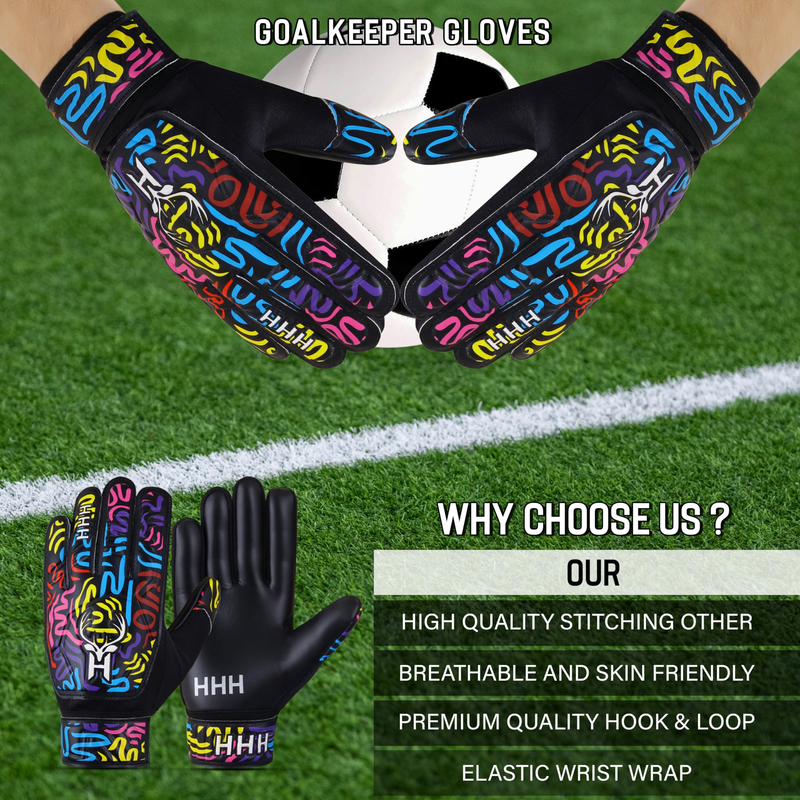 HHH Football Goalkeeper Gloves For Boys, Kids Children Youth Soccer Goalie Gloves with 4mm Latex Super Grip Palms Goalkeeping Gloves (3)