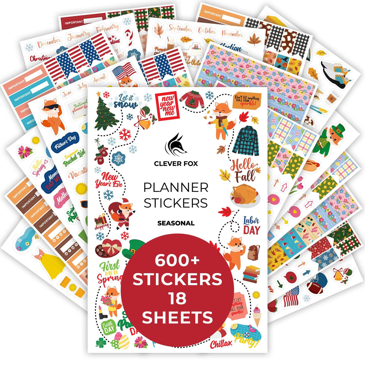 Clever Fox Seasonal Planner Stickers – 600and Month, Holiday & Seasons Stickers for Your Planner, Monthly Journal & Calendar – 18 Sheets, Set of Stickers & Washi Tape by Clever Fox (Seasonal Pack)